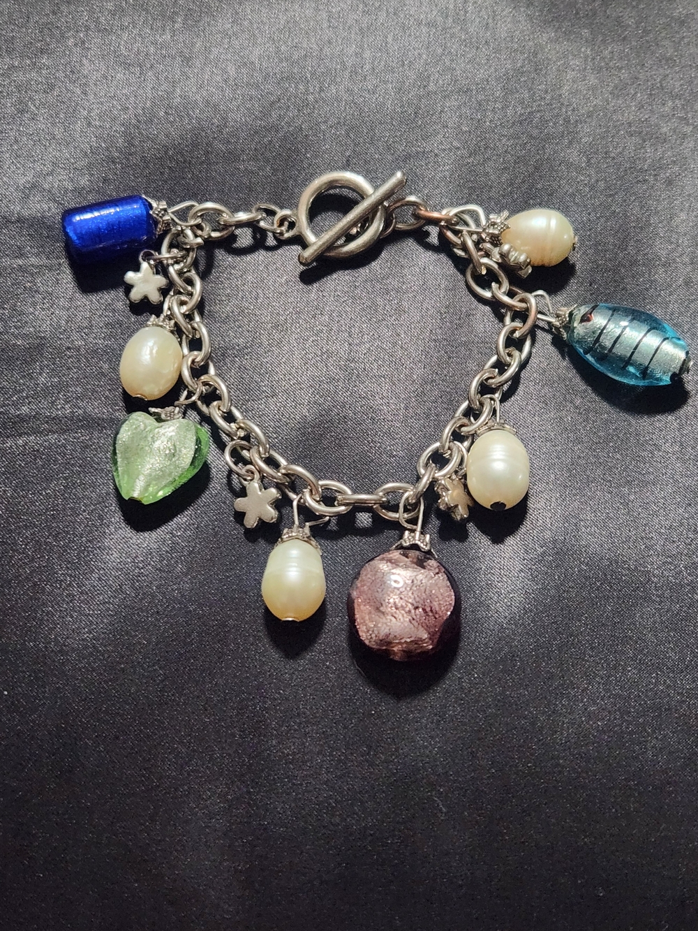 ​Unique Lampwork Glass & Freshwater Pearl Handcrafted Toggle Bracelet